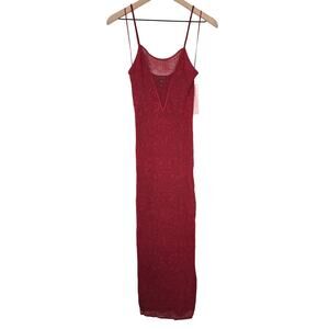Aqua Red Lace Midi Dress XS Sheer Floral Bodycon Spaghetti Strap